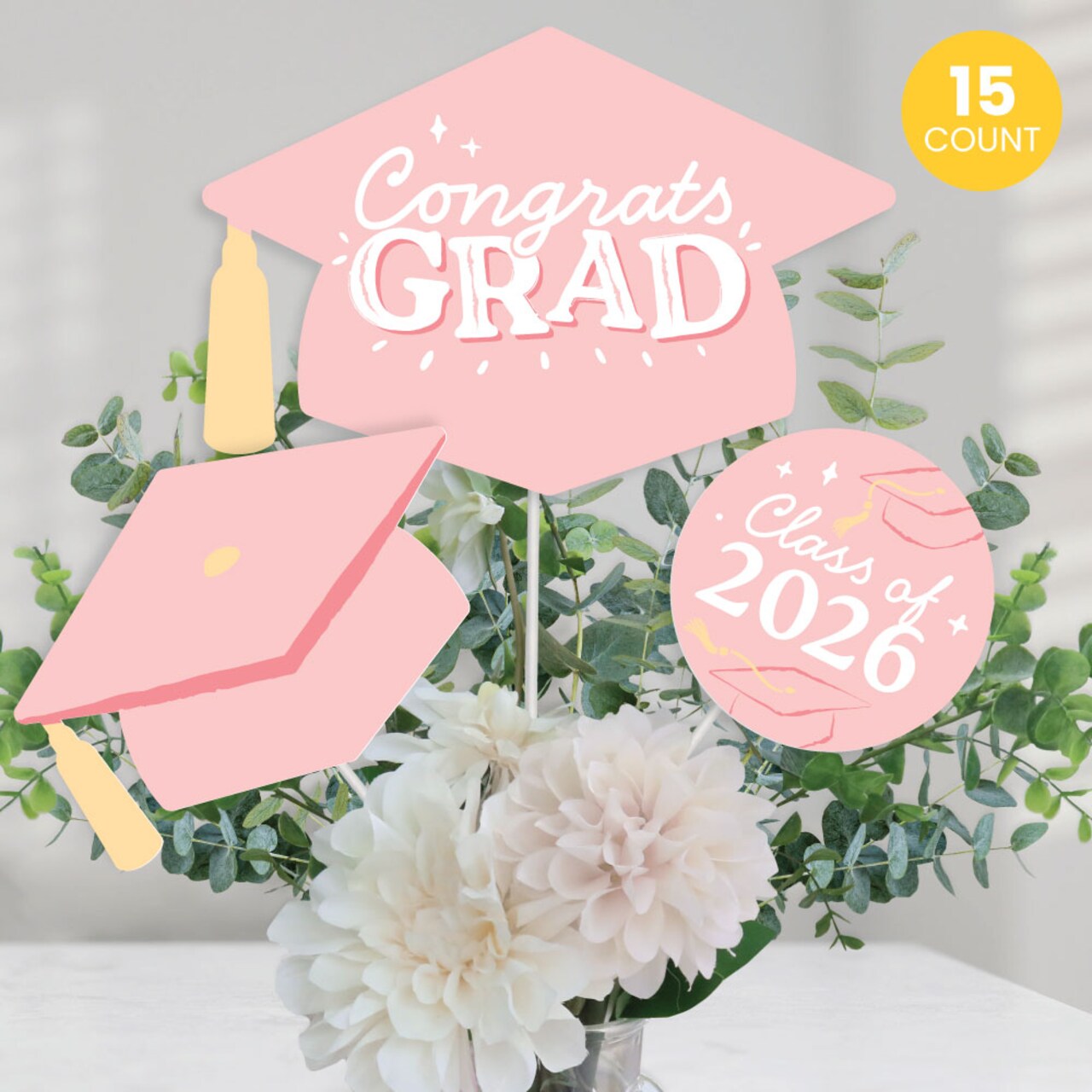 Big Dot of Happiness Pink 2026 Graduation Party Centerpiece Sticks, Congrats Grad Decor, Class of 2026 Rose Gold Grad Party Table Toppers - 15 Pieces